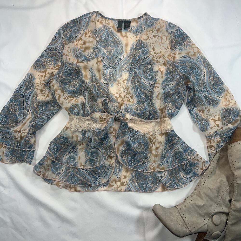 Serenade New York Blue Brown Paisley Print Boho Bell Sleeve Lightweight Top XL